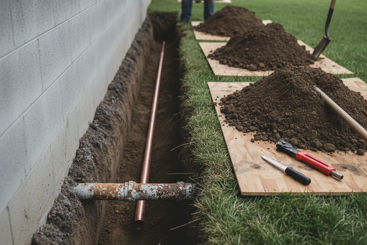 Excavated water line trench during Sewer Line Repair in New Harmony